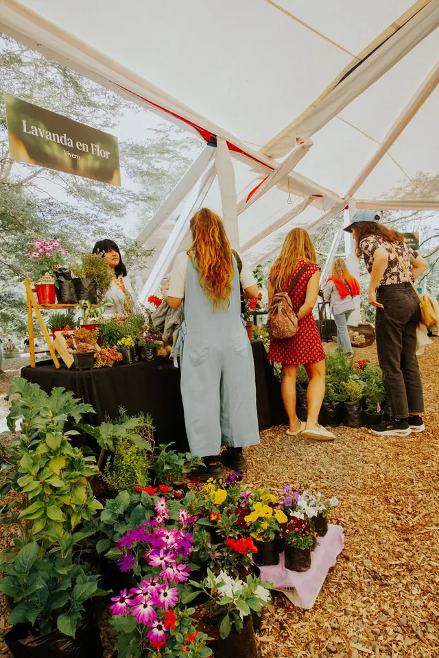 Visitantes eligen plantas y flores en el stand de un vivero
